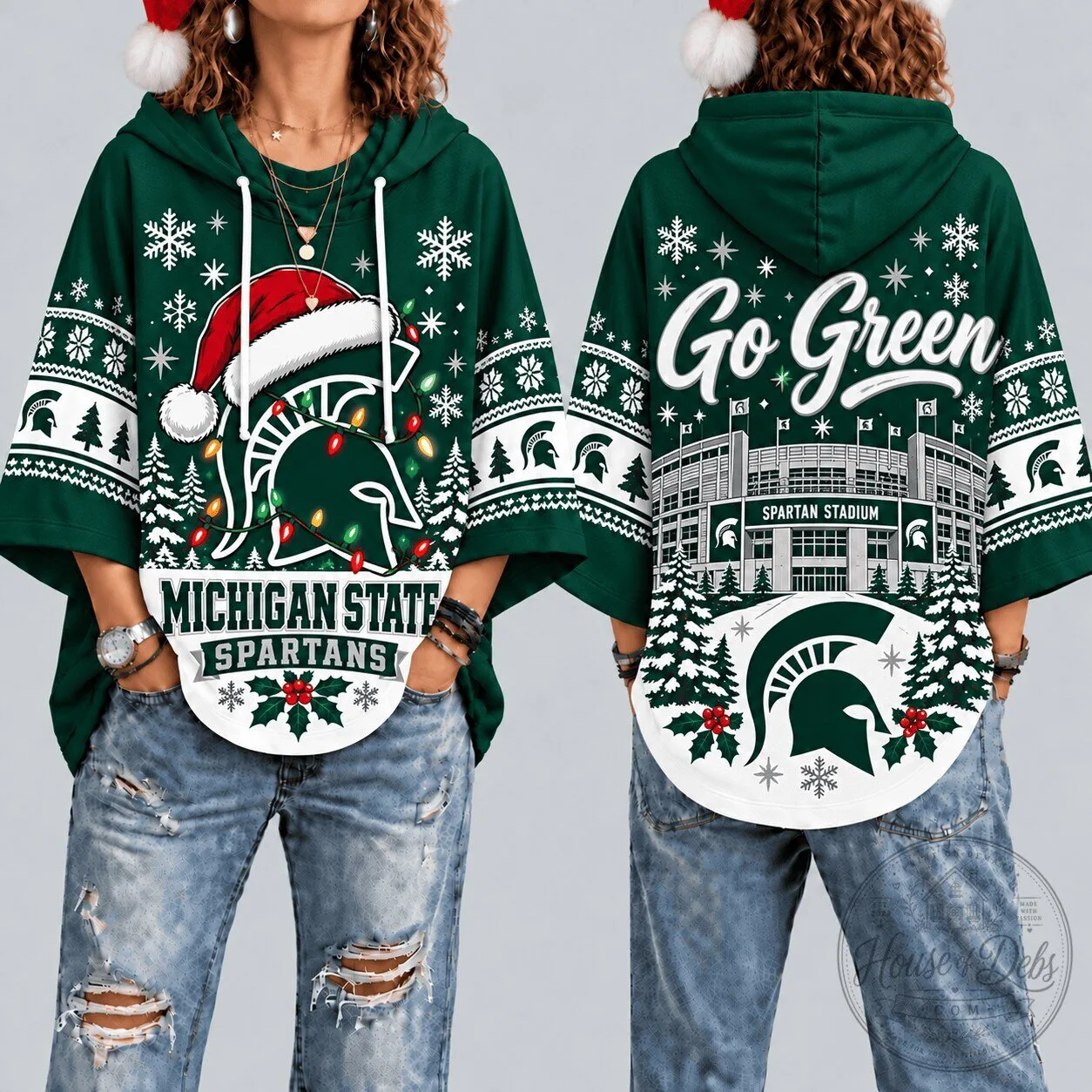 Michigan State Spartans Christmas Ugly Sweater Style Poncho Hoodie
