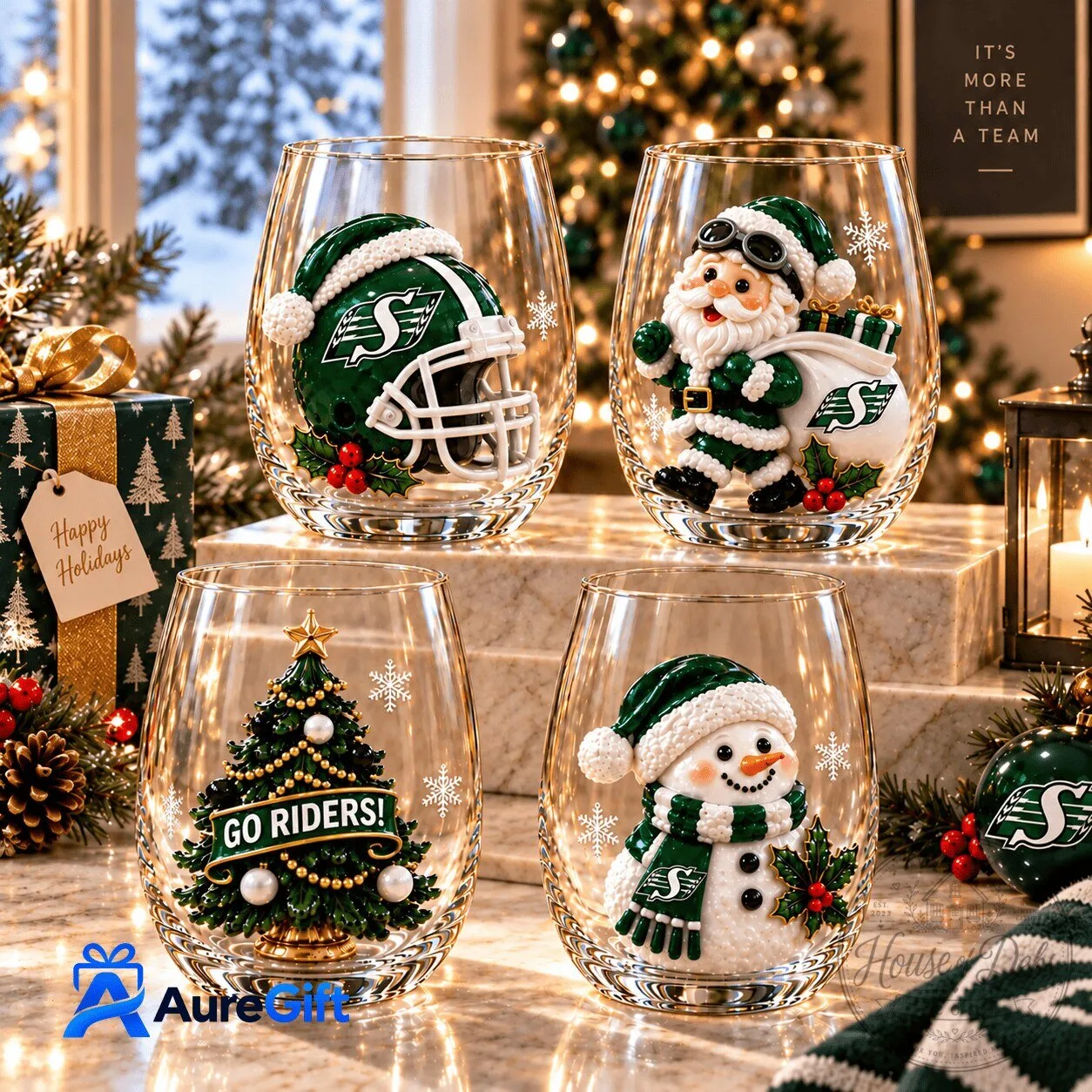 Saskatchewan Roughriders Christmas Stemless Wine Glass Set with Holiday Designs 1 Saskatchewan Roughriders Christmas Stemless Wine Glass Set with Holiday Designs