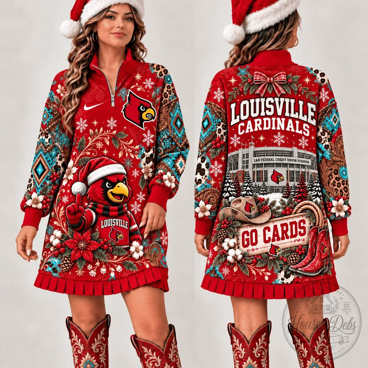 Louisville Cardinals Christmas Holiday Ugly Sweater Dress for Women