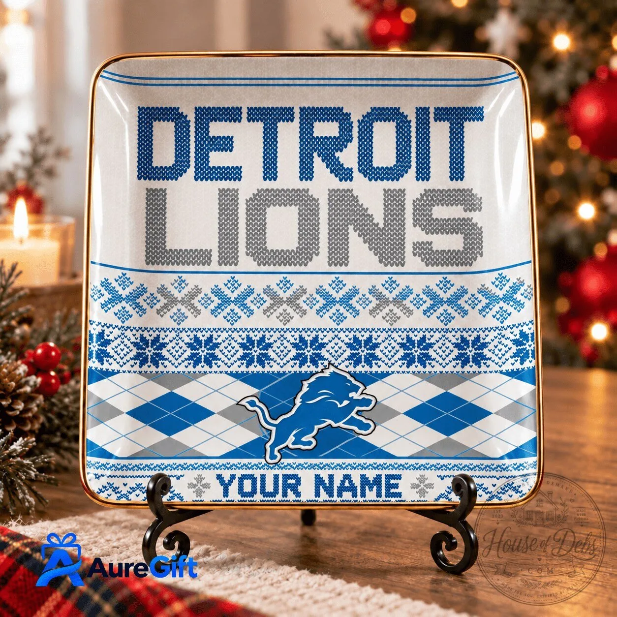 Detroit Lions Ugly Christmas Sweater Personalized Name Jewelry Dish