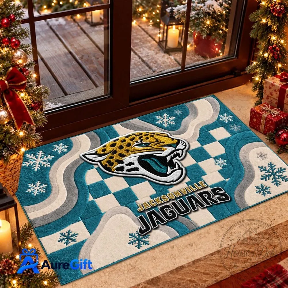 Jacksonville Jaguars NFL Christmas Snowflakes Checkered Doormat