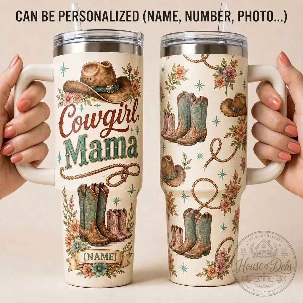 Personalized Cowgirl Mama Western Floral Insulated Stainless Steel Tumbler with Handle