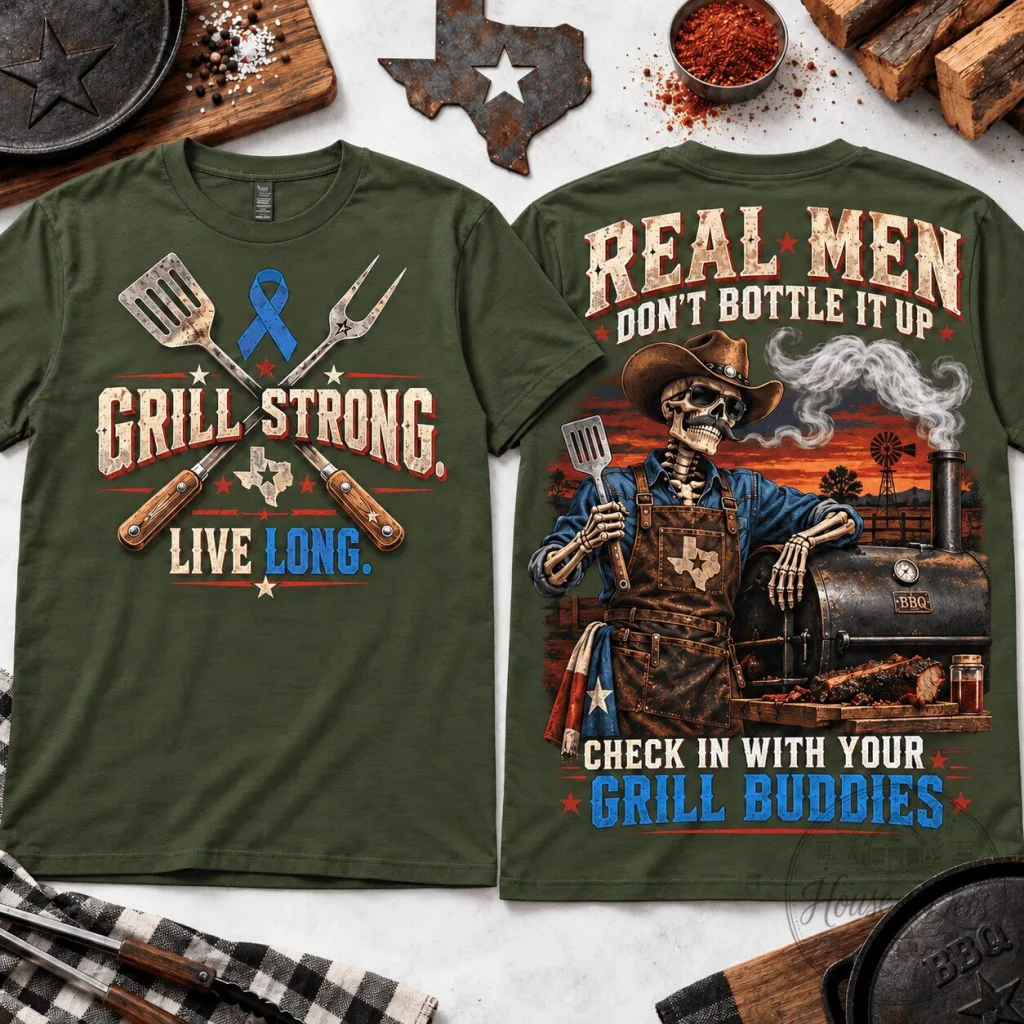 Men's Health Awareness Grill Strong Live Long BBQ Skeleton Pitmaster T-Shirt 38 Men's Health Awareness Grill Strong Live Long BBQ Skeleton Pitmaster T-Shirt