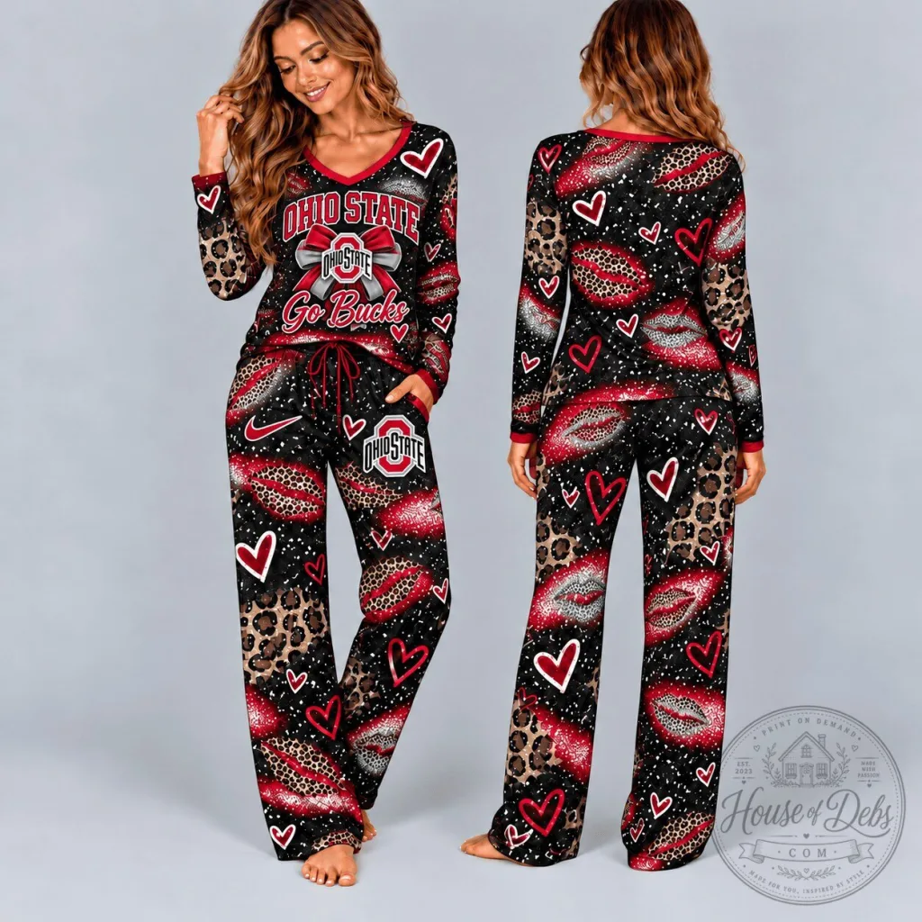 Ohio State Buckeyes Leopard Print Hearts Lips V-Neck Long Sleeve Pajamas Set 30 Ohio State Buckeyes Leopard Print Hearts Lips V-Neck Long Sleeve Pajamas Set