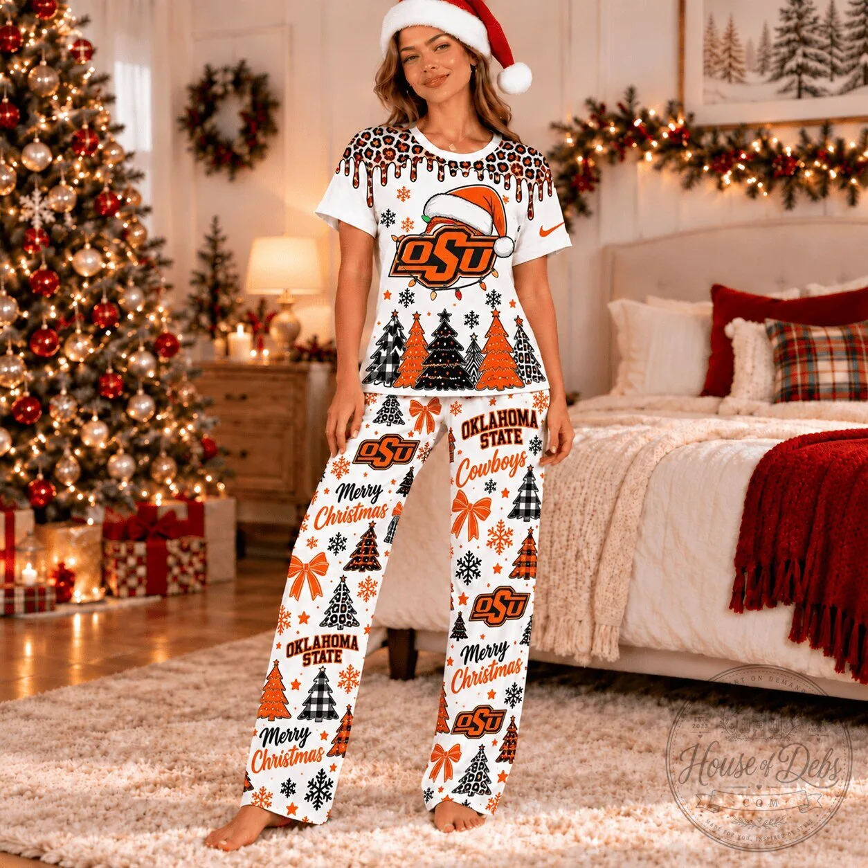 Oklahoma State Cowboys Christmas Leopard Drip Pajamas Set