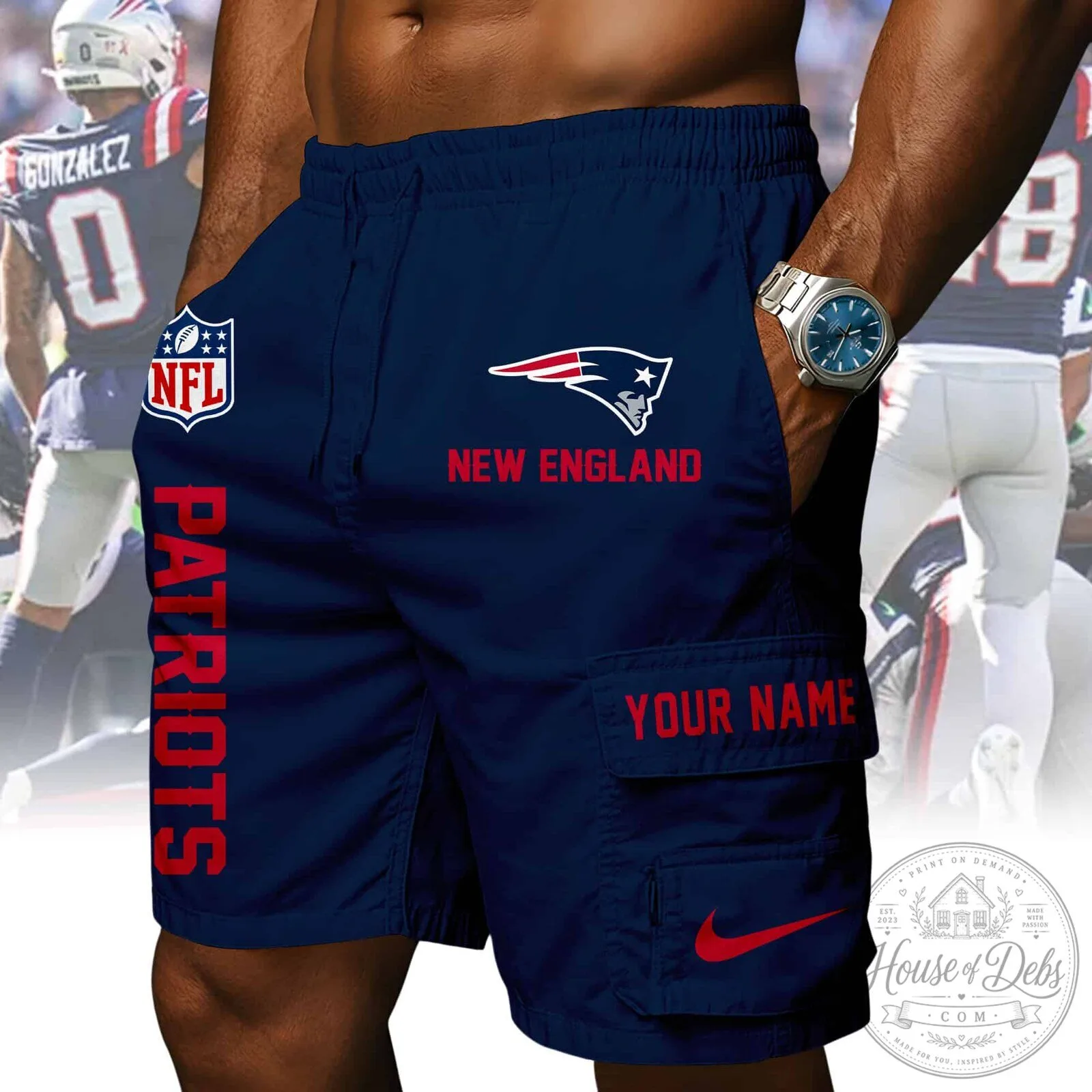 New England Patriots NFL Football Team Navy Blue Cargo Shorts 4 New England Patriots NFL Football Team Navy Blue Cargo Shorts
