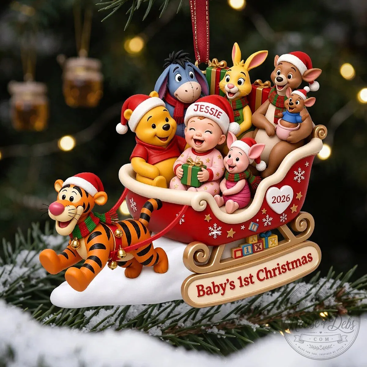 Winnie the Pooh and Friends Baby's First Christmas Personalized Sleigh Ornament