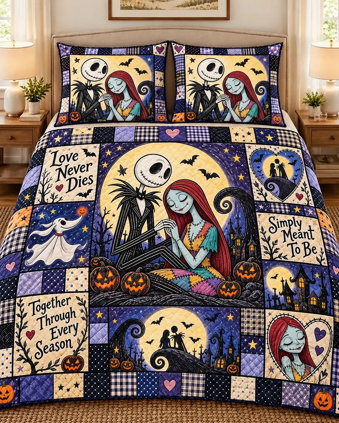 Nightmare Before Christmas Jack and Sally Love Never Dies Patchwork Quilt Set