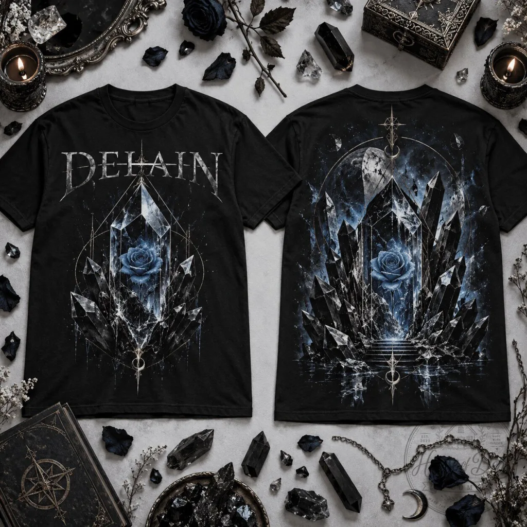 Delain Blue Crystal Rose Dark Moon Gothic Fantasy Vintage T-Shirt 1 Delain Blue Crystal Rose Dark Moon Gothic Fantasy Vintage T-Shirt