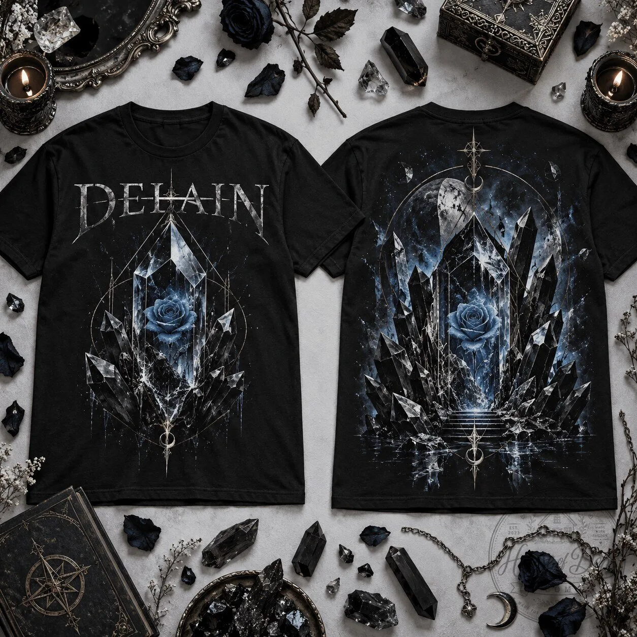 Delain Blue Crystal Rose Dark Moon Gothic Fantasy Vintage T-Shirt