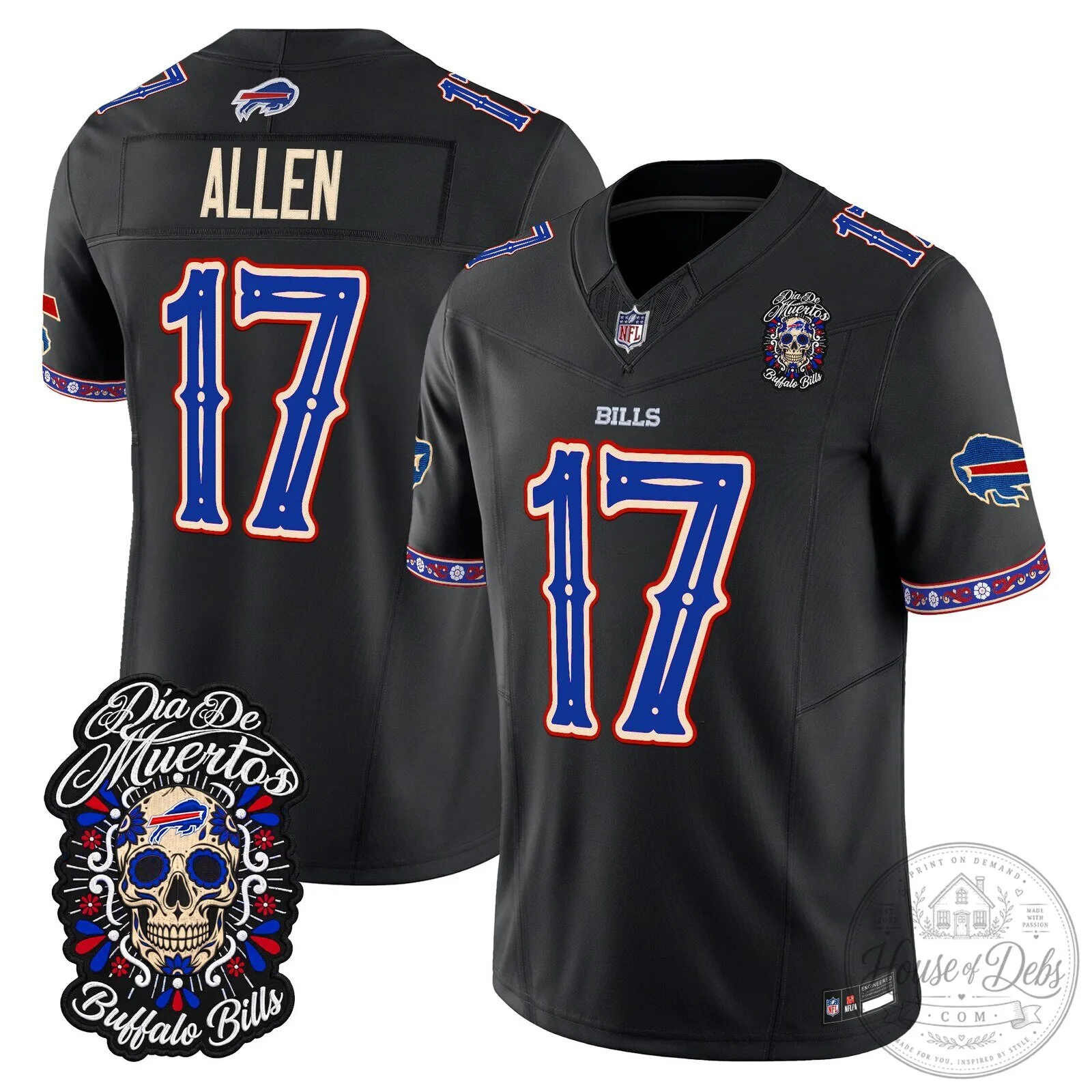 Josh Allen Buffalo Bills Día de los Muertos Black Football Jersey