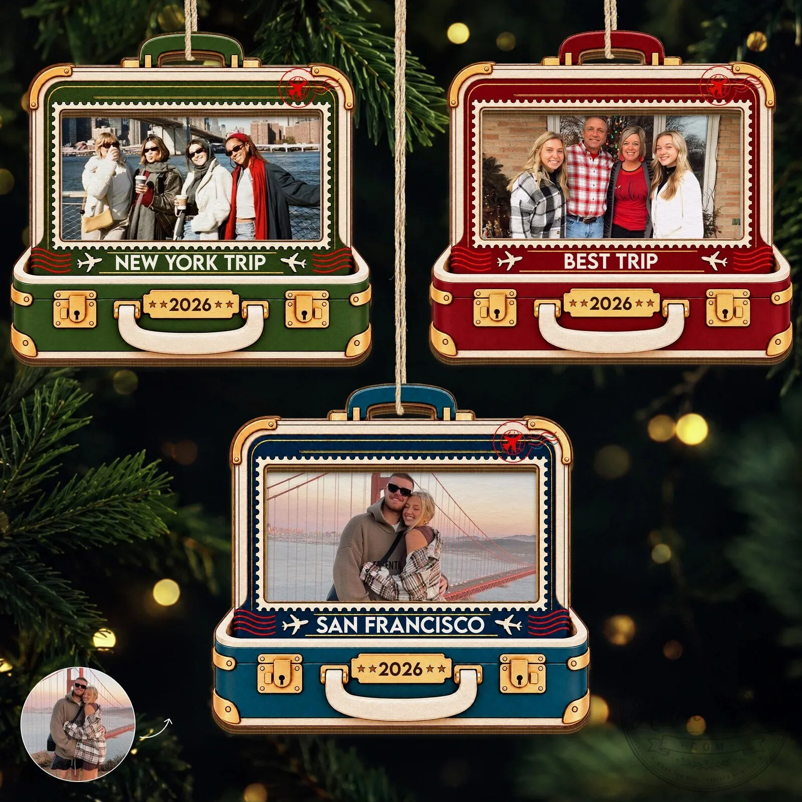 Personalized Suitcase Travel Photo Ornament, Custom Family Vacation Keepsake Gift