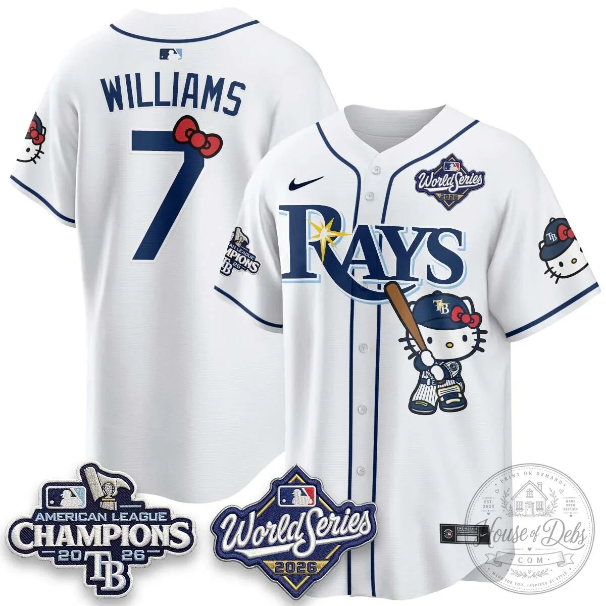 Tampa Bay Rays Hello Kitty American League Champions 2026 Baseball Jersey 74 Tampa Bay Rays Hello Kitty American League Champions 2026 Baseball Jersey