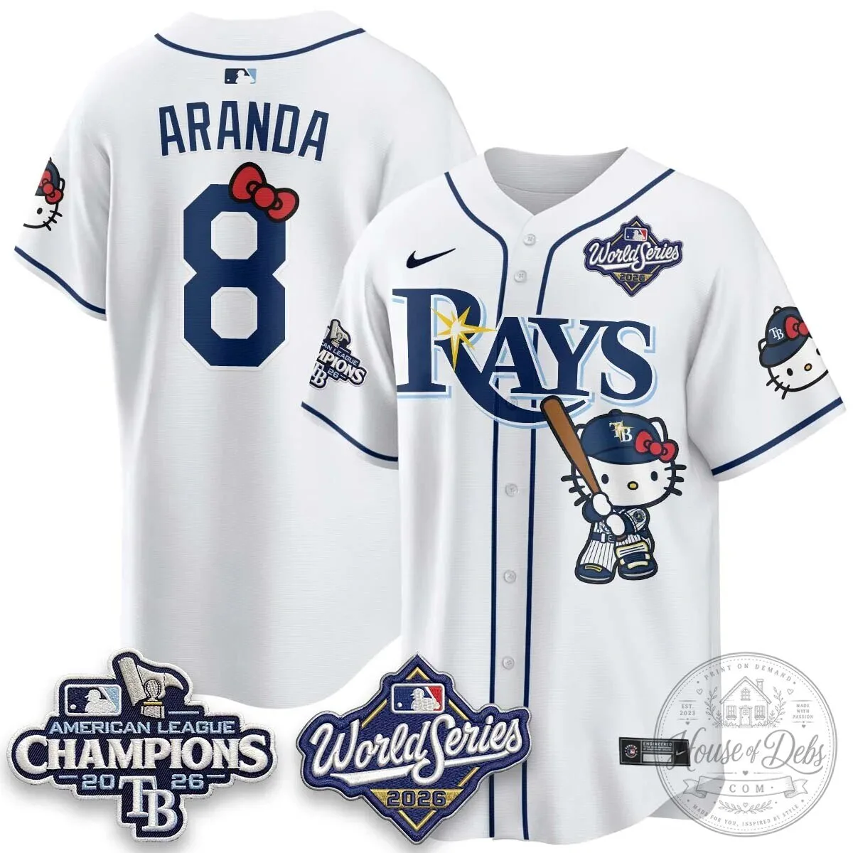 Tampa Bay Rays Hello Kitty American League Champions 2026 Baseball Jersey 75 Tampa Bay Rays Hello Kitty American League Champions 2026 Baseball Jersey