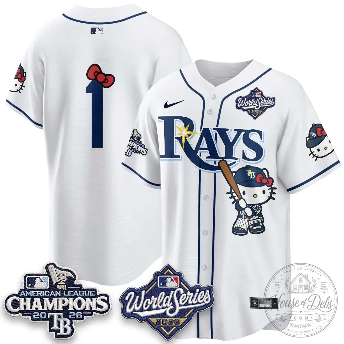 Tampa Bay Rays Hello Kitty American League Champions 2026 Baseball Jersey 77 Tampa Bay Rays Hello Kitty American League Champions 2026 Baseball Jersey