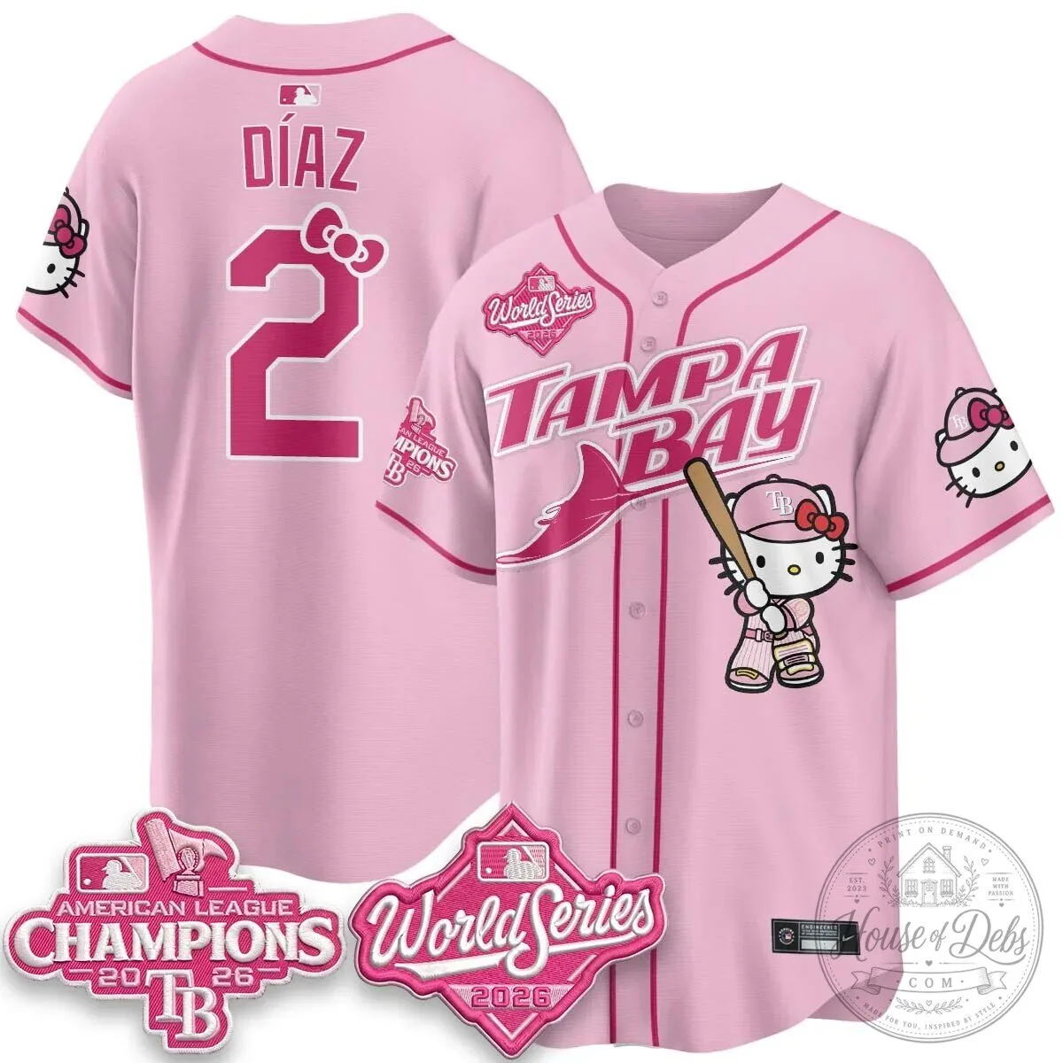 Tampa Bay Rays Hello Kitty American League Champions 2026 Baseball Jersey 82 Tampa Bay Rays Hello Kitty American League Champions 2026 Baseball Jersey