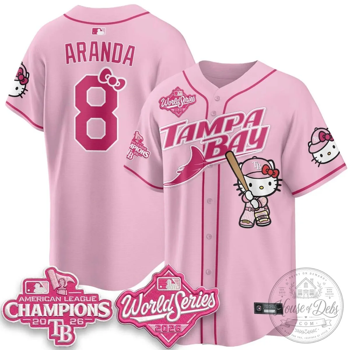 Tampa Bay Rays Hello Kitty American League Champions 2026 Baseball Jersey 86 Tampa Bay Rays Hello Kitty American League Champions 2026 Baseball Jersey