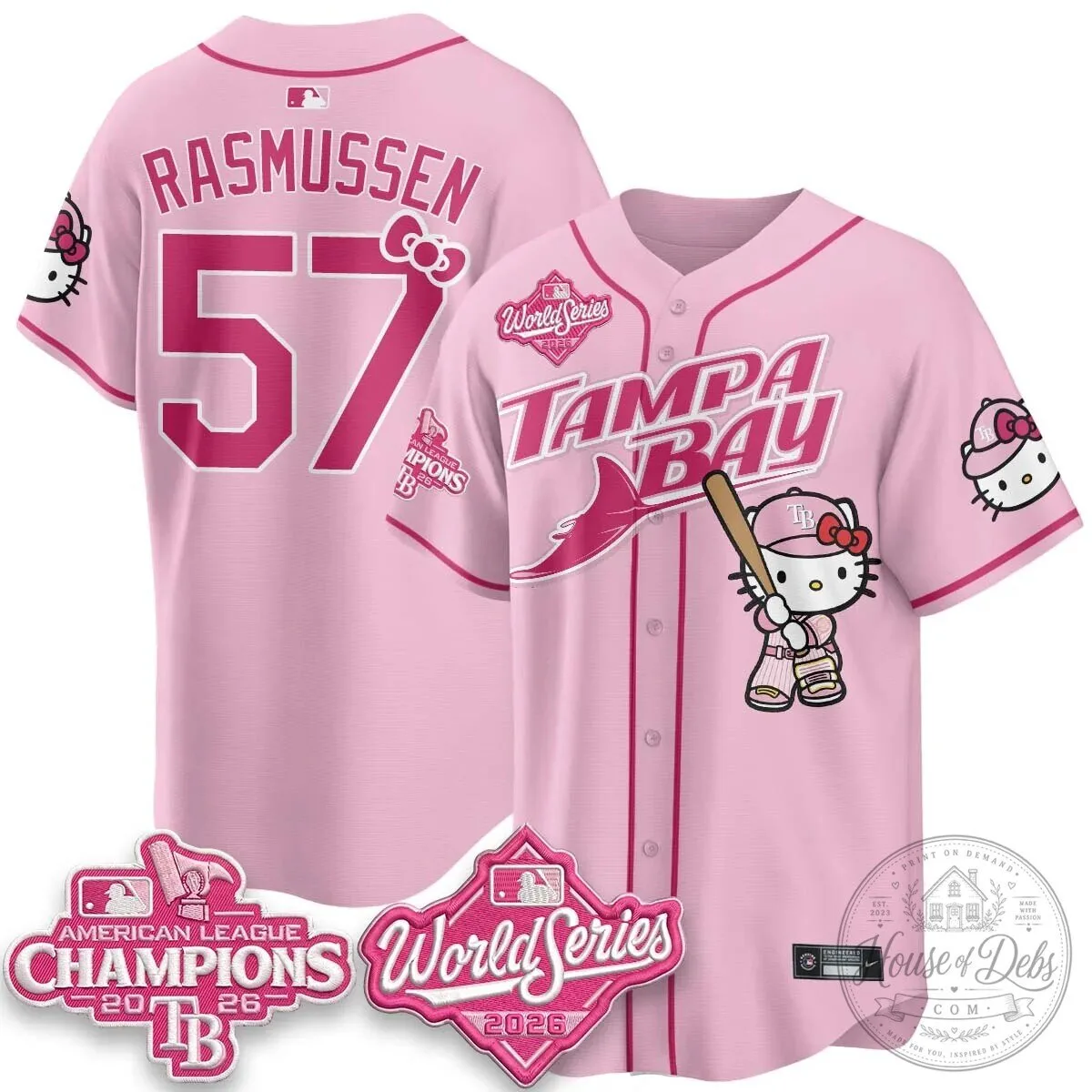Tampa Bay Rays Hello Kitty American League Champions 2026 Baseball Jersey 89 Tampa Bay Rays Hello Kitty American League Champions 2026 Baseball Jersey