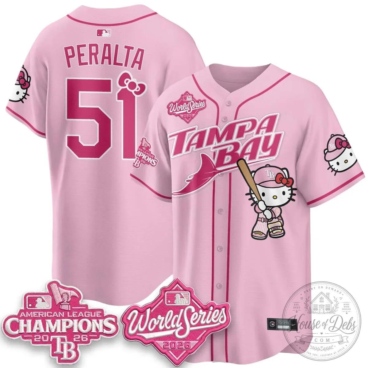 Tampa Bay Rays Hello Kitty American League Champions 2026 Baseball Jersey 90 Tampa Bay Rays Hello Kitty American League Champions 2026 Baseball Jersey