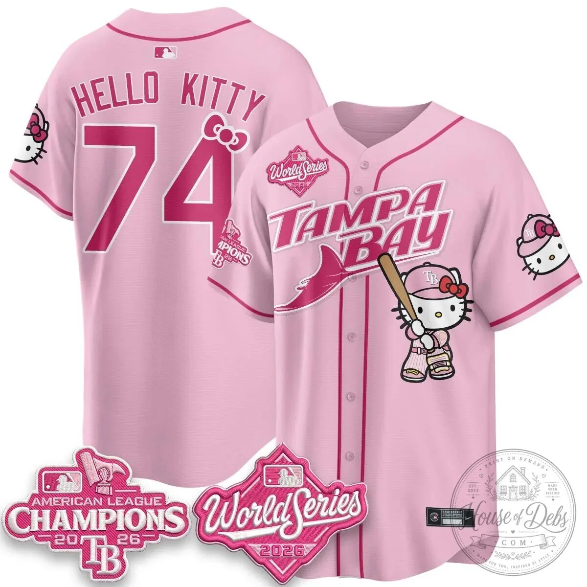 Tampa Bay Rays Hello Kitty American League Champions 2026 Baseball Jersey 91 Tampa Bay Rays Hello Kitty American League Champions 2026 Baseball Jersey