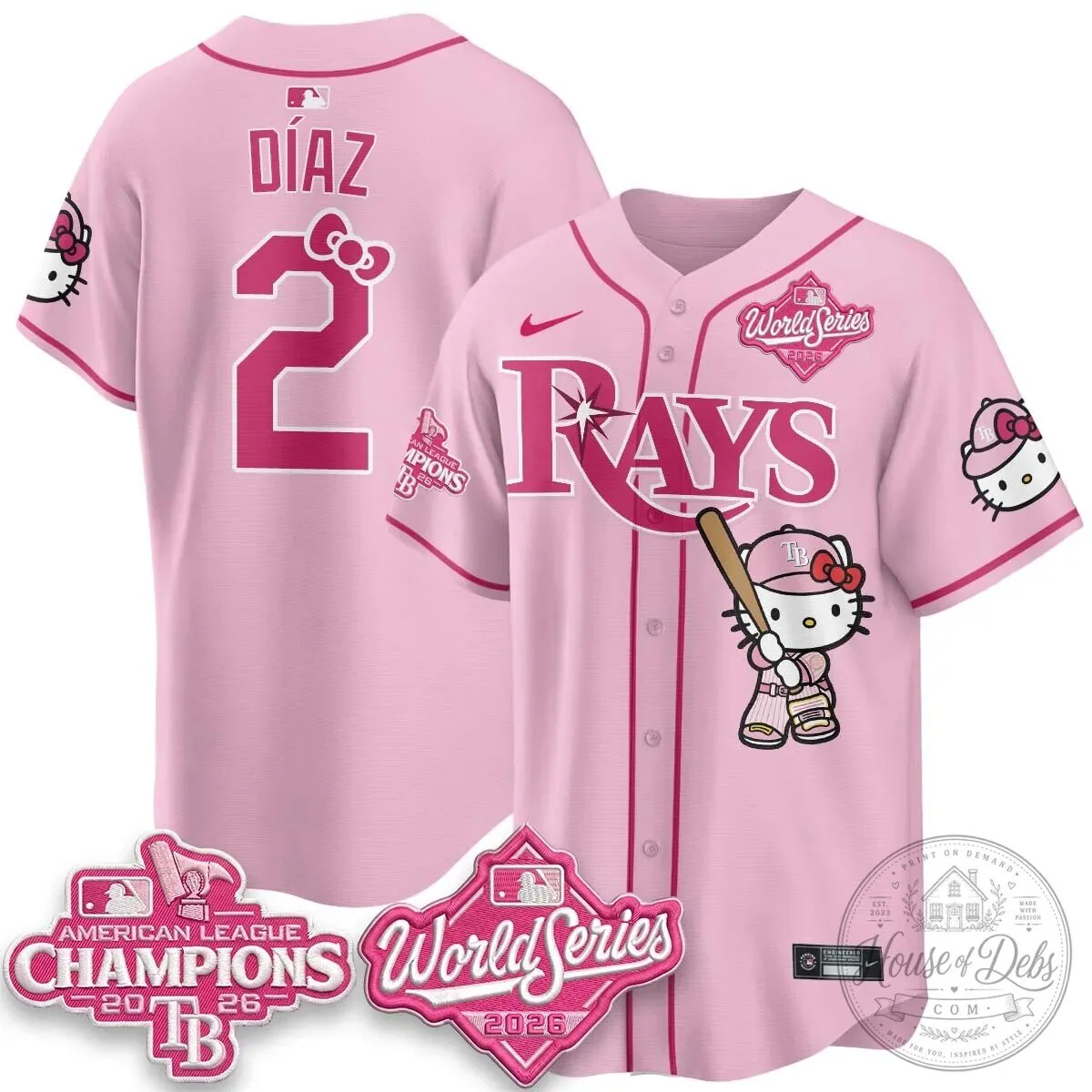 Tampa Bay Rays Hello Kitty American League Champions 2026 Baseball Jersey 93 Tampa Bay Rays Hello Kitty American League Champions 2026 Baseball Jersey