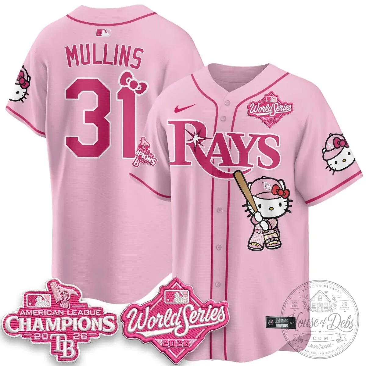 Tampa Bay Rays Hello Kitty American League Champions 2026 Baseball Jersey 95 Tampa Bay Rays Hello Kitty American League Champions 2026 Baseball Jersey