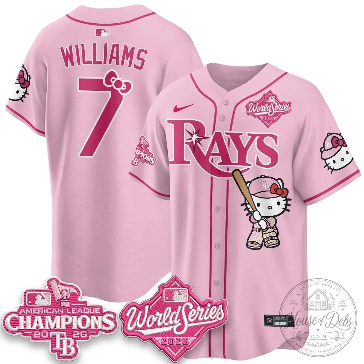 Tampa Bay Rays Hello Kitty American League Champions 2026 Baseball Jersey 96 Tampa Bay Rays Hello Kitty American League Champions 2026 Baseball Jersey