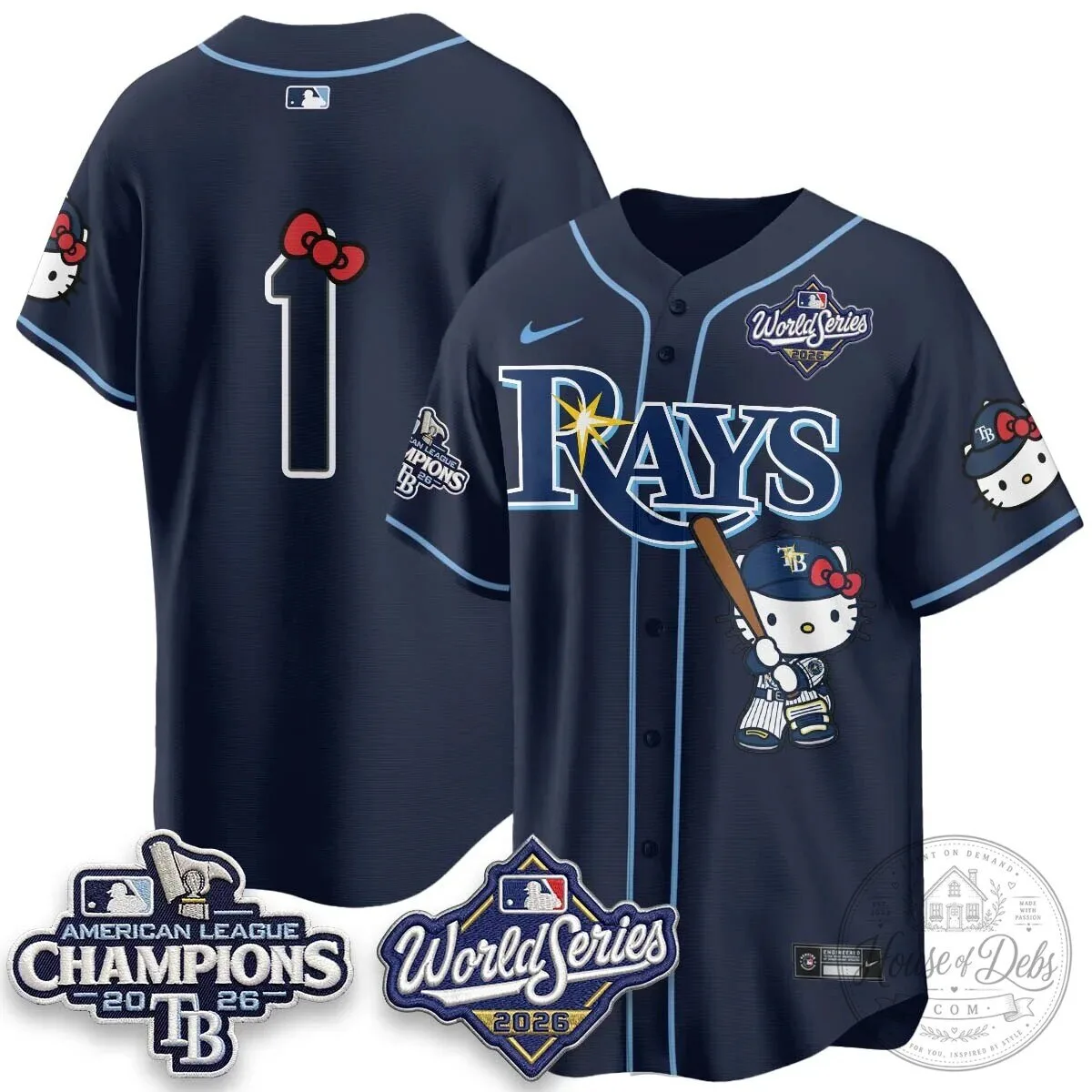 Tampa Bay Rays Hello Kitty American League Champions 2026 Baseball Jersey 110 Tampa Bay Rays Hello Kitty American League Champions 2026 Baseball Jersey