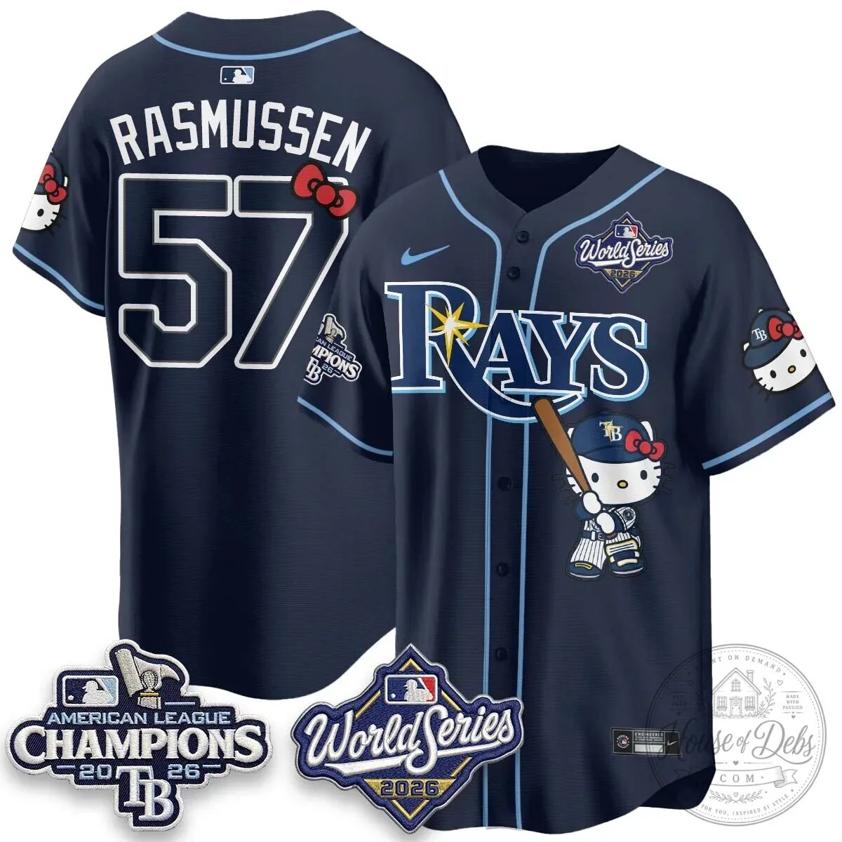Tampa Bay Rays Hello Kitty American League Champions 2026 Baseball Jersey 111 Tampa Bay Rays Hello Kitty American League Champions 2026 Baseball Jersey