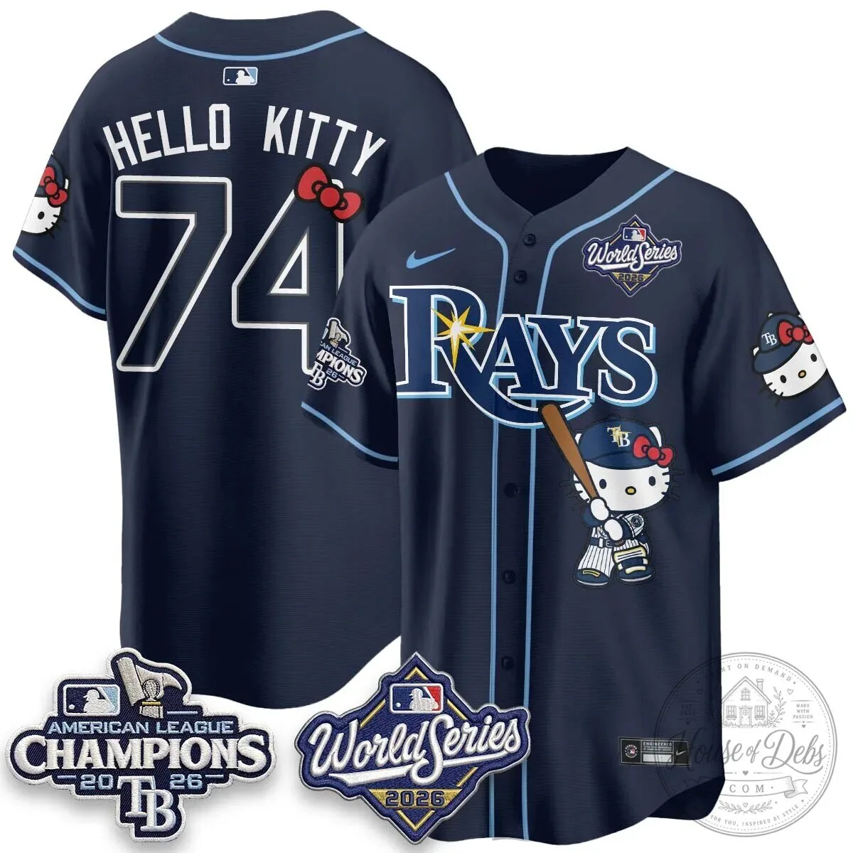 Tampa Bay Rays Hello Kitty American League Champions 2026 Baseball Jersey 113 Tampa Bay Rays Hello Kitty American League Champions 2026 Baseball Jersey