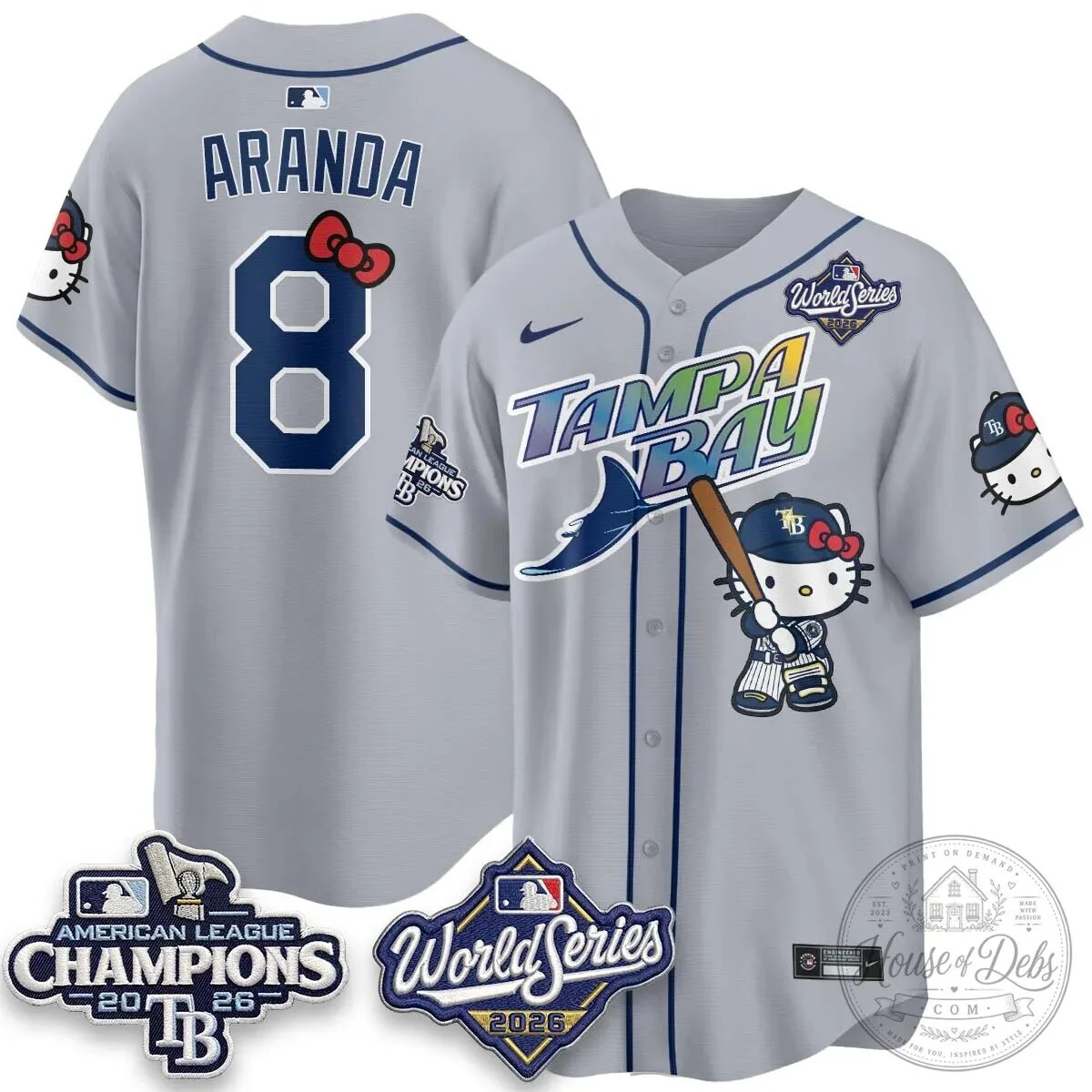 Tampa Bay Rays Hello Kitty American League Champions 2026 Baseball Jersey 119 Tampa Bay Rays Hello Kitty American League Champions 2026 Baseball Jersey