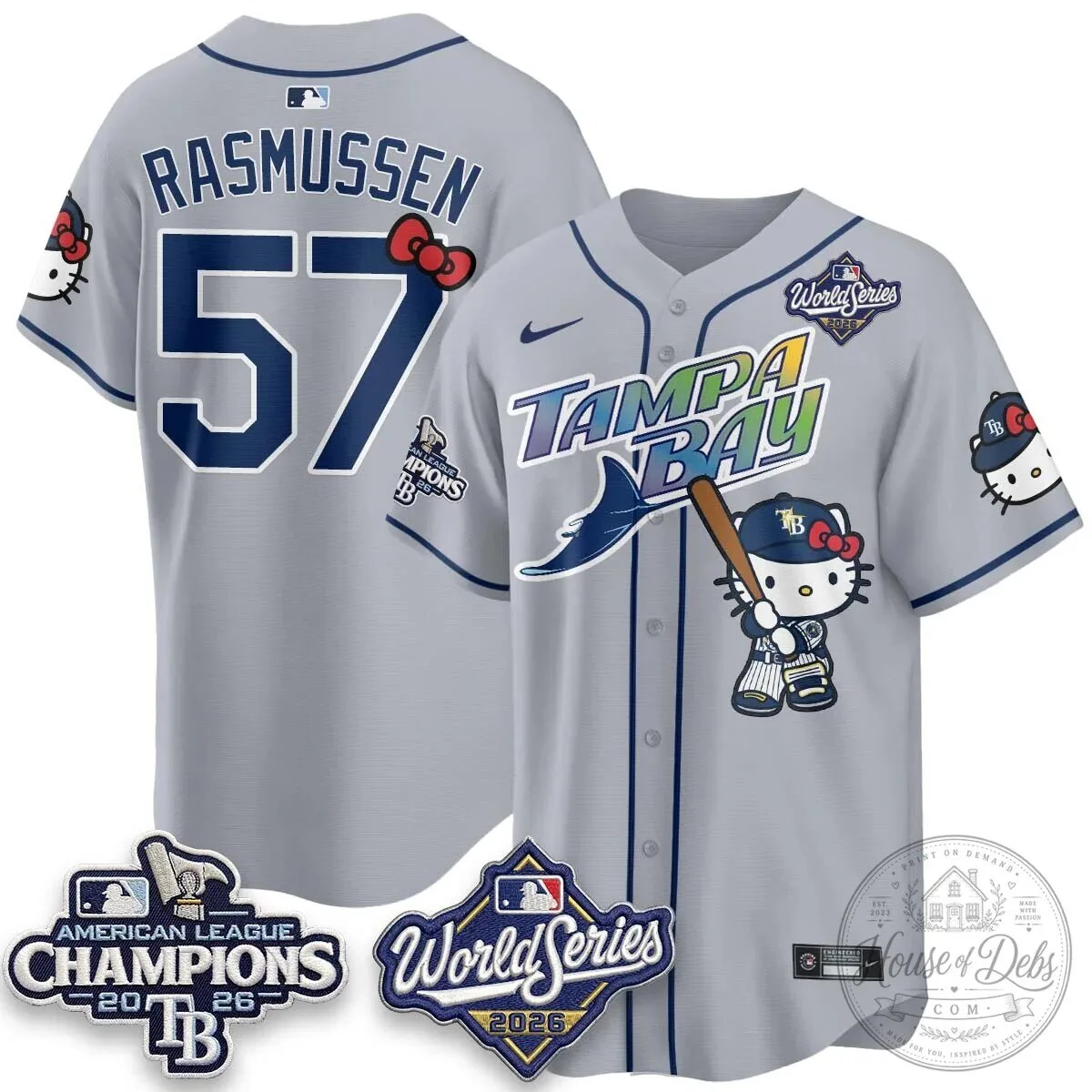 Tampa Bay Rays Hello Kitty American League Champions 2026 Baseball Jersey 122 Tampa Bay Rays Hello Kitty American League Champions 2026 Baseball Jersey
