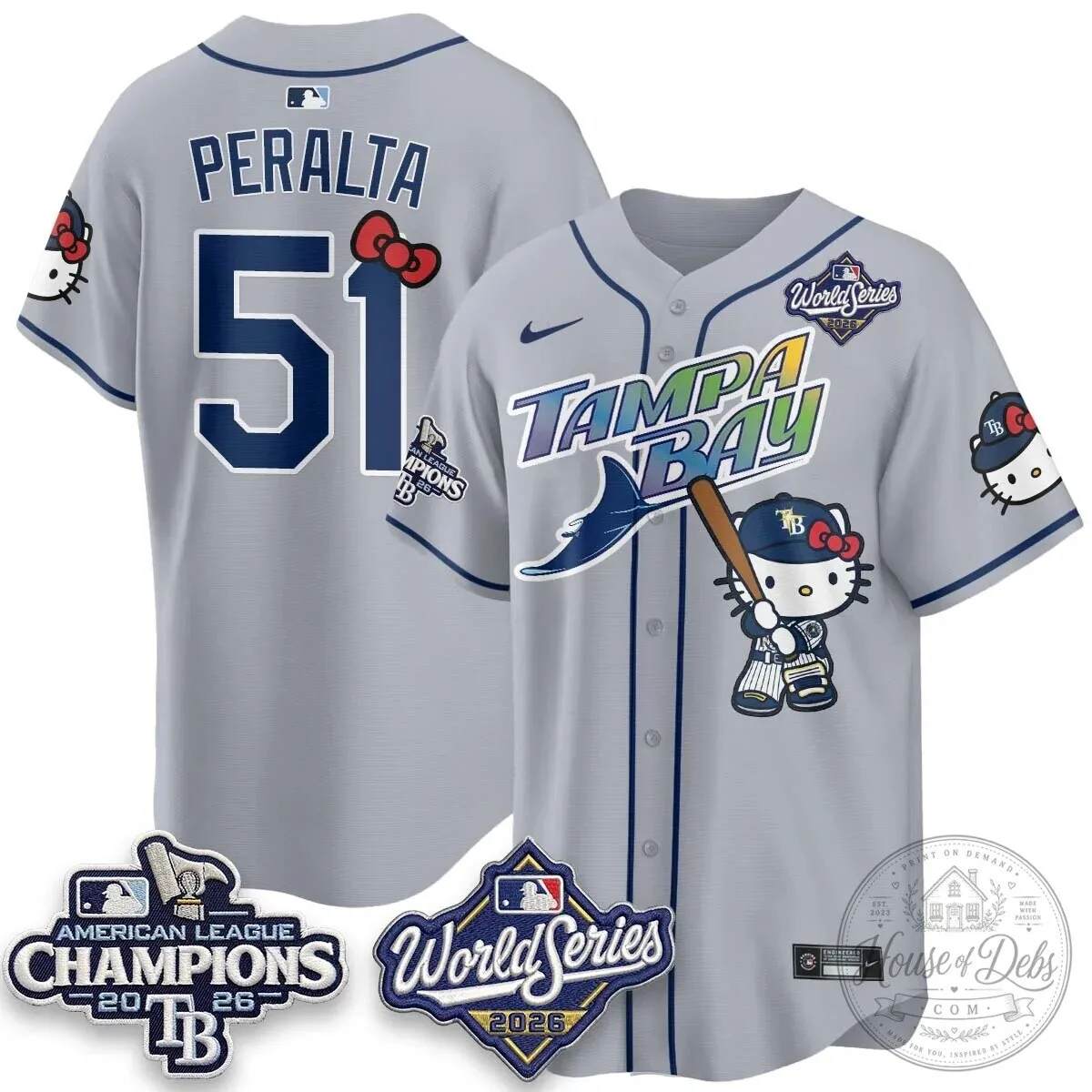 Tampa Bay Rays Hello Kitty American League Champions 2026 Baseball Jersey 123 Tampa Bay Rays Hello Kitty American League Champions 2026 Baseball Jersey