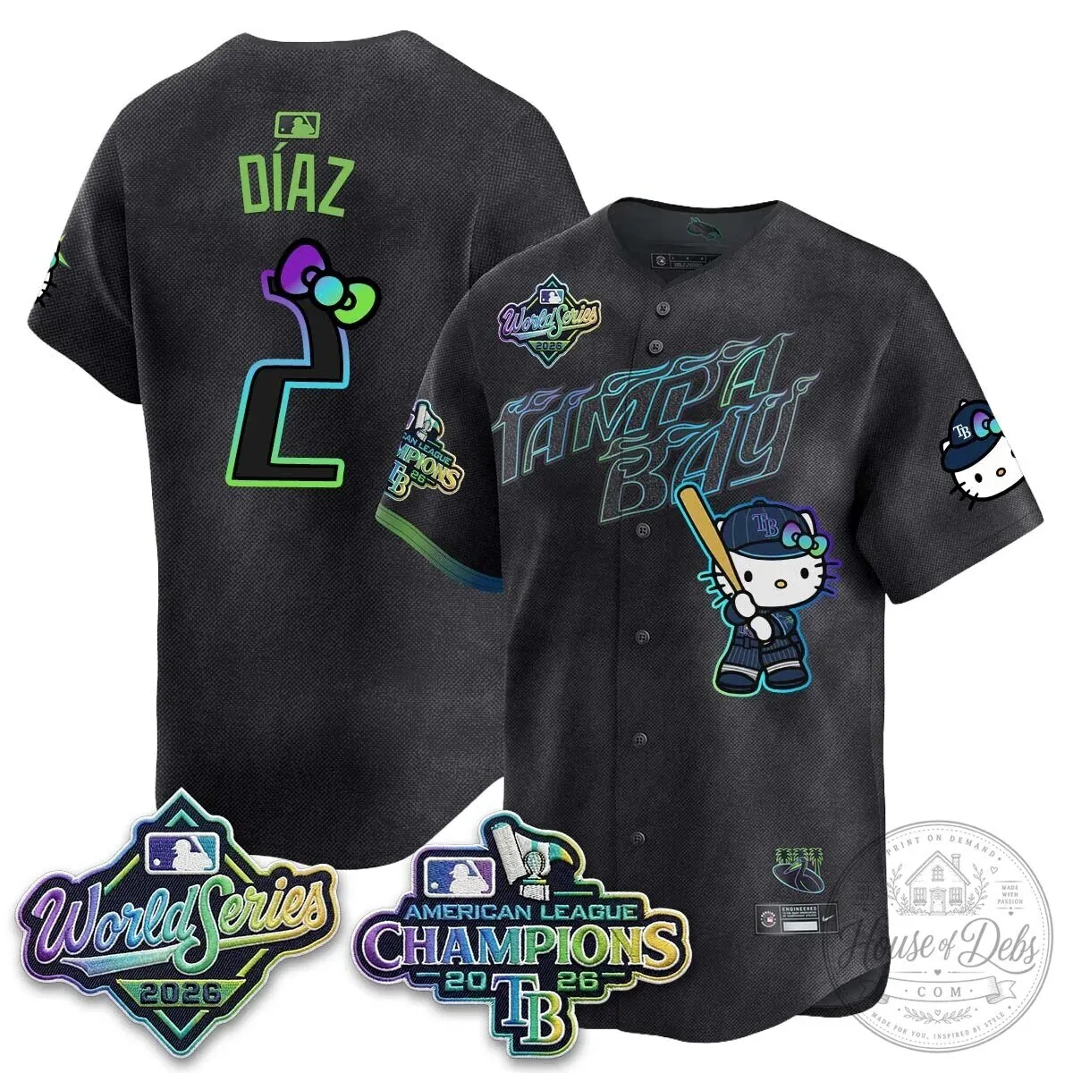 Tampa Bay Rays Hello Kitty American League Champions 2026 Baseball Jersey 126 Tampa Bay Rays Hello Kitty American League Champions 2026 Baseball Jersey