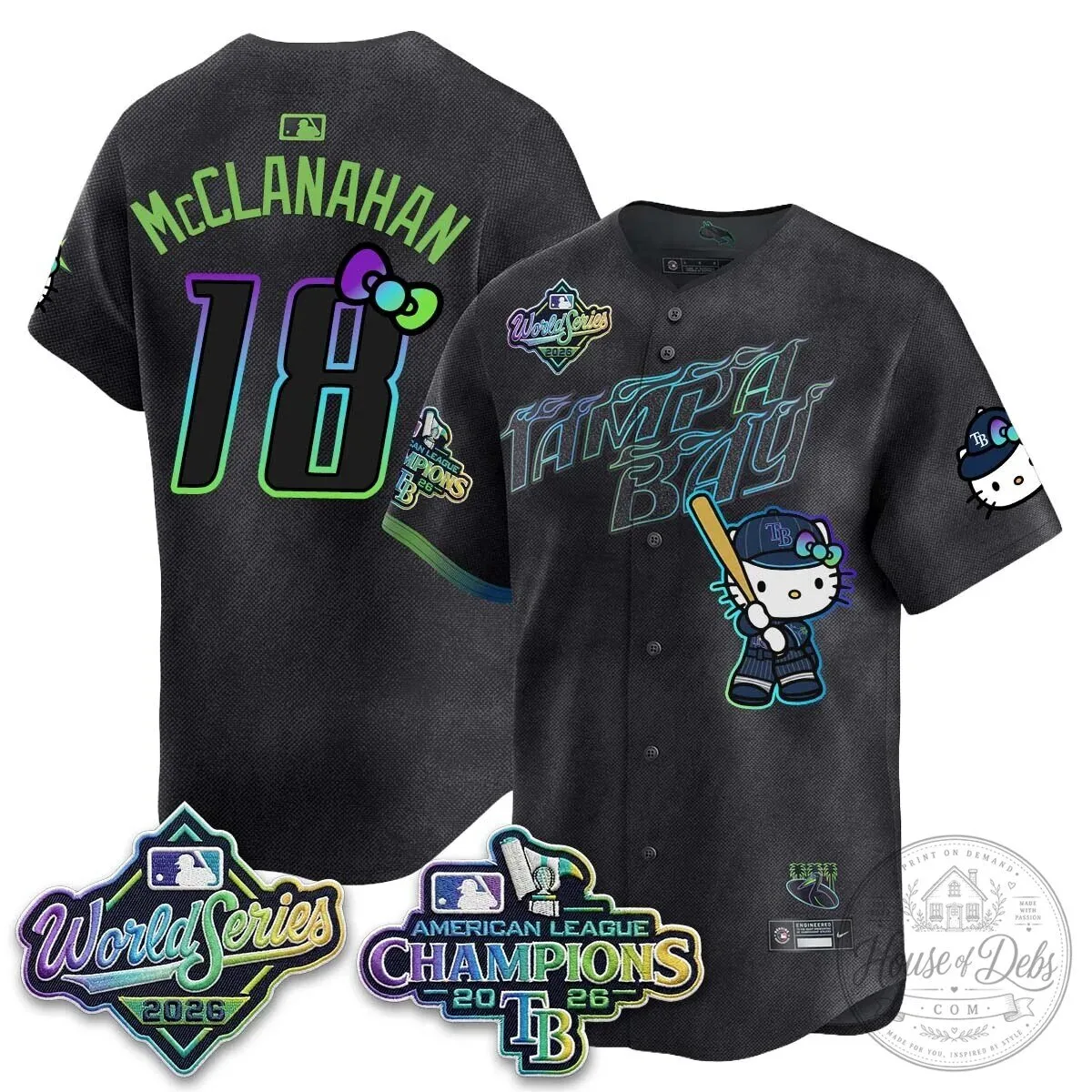Tampa Bay Rays Hello Kitty American League Champions 2026 Baseball Jersey 127 Tampa Bay Rays Hello Kitty American League Champions 2026 Baseball Jersey