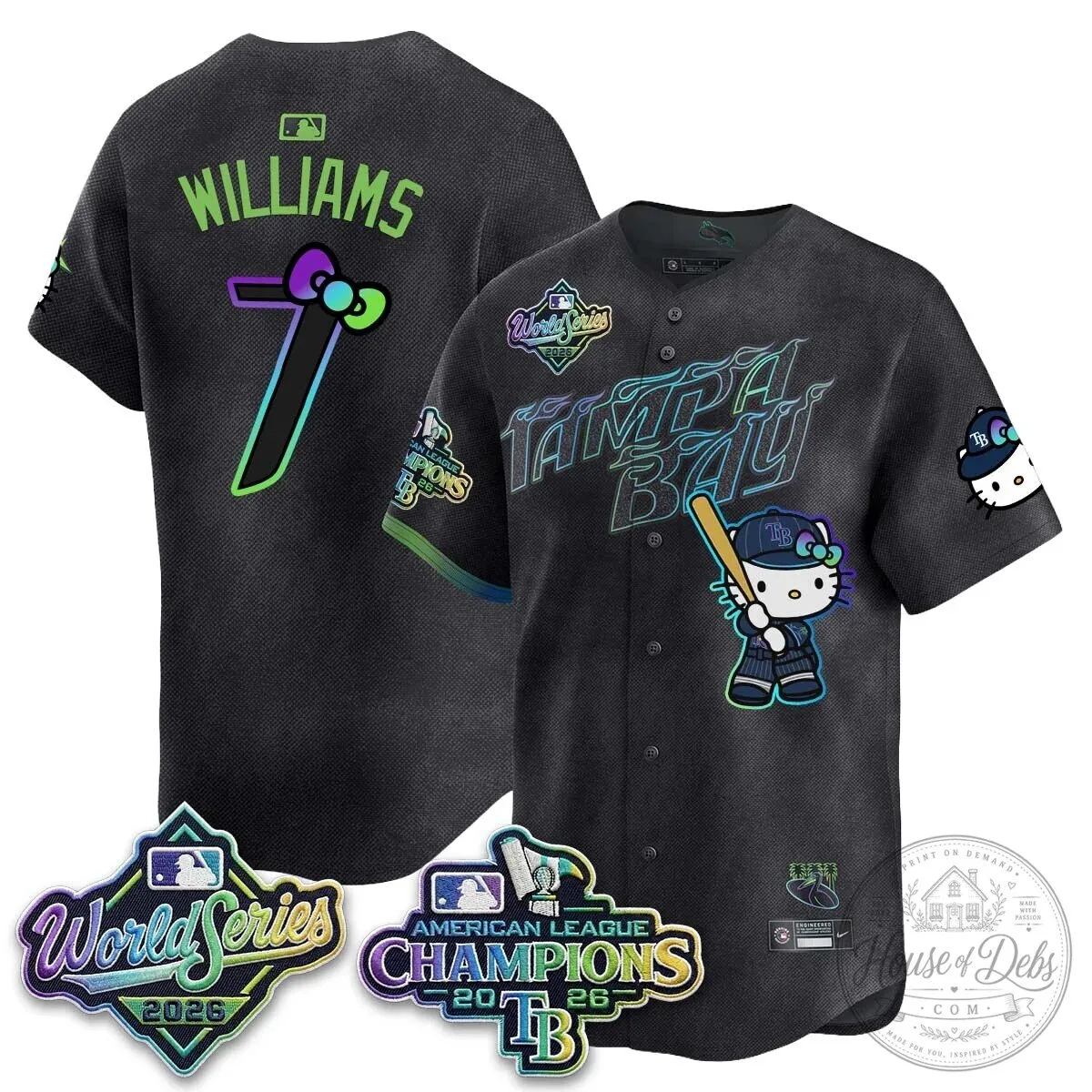Tampa Bay Rays Hello Kitty American League Champions 2026 Baseball Jersey 129 Tampa Bay Rays Hello Kitty American League Champions 2026 Baseball Jersey
