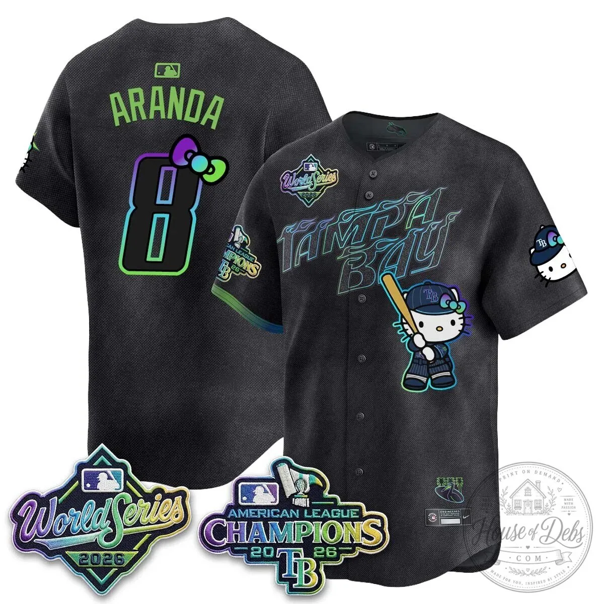 Tampa Bay Rays Hello Kitty American League Champions 2026 Baseball Jersey 130 Tampa Bay Rays Hello Kitty American League Champions 2026 Baseball Jersey