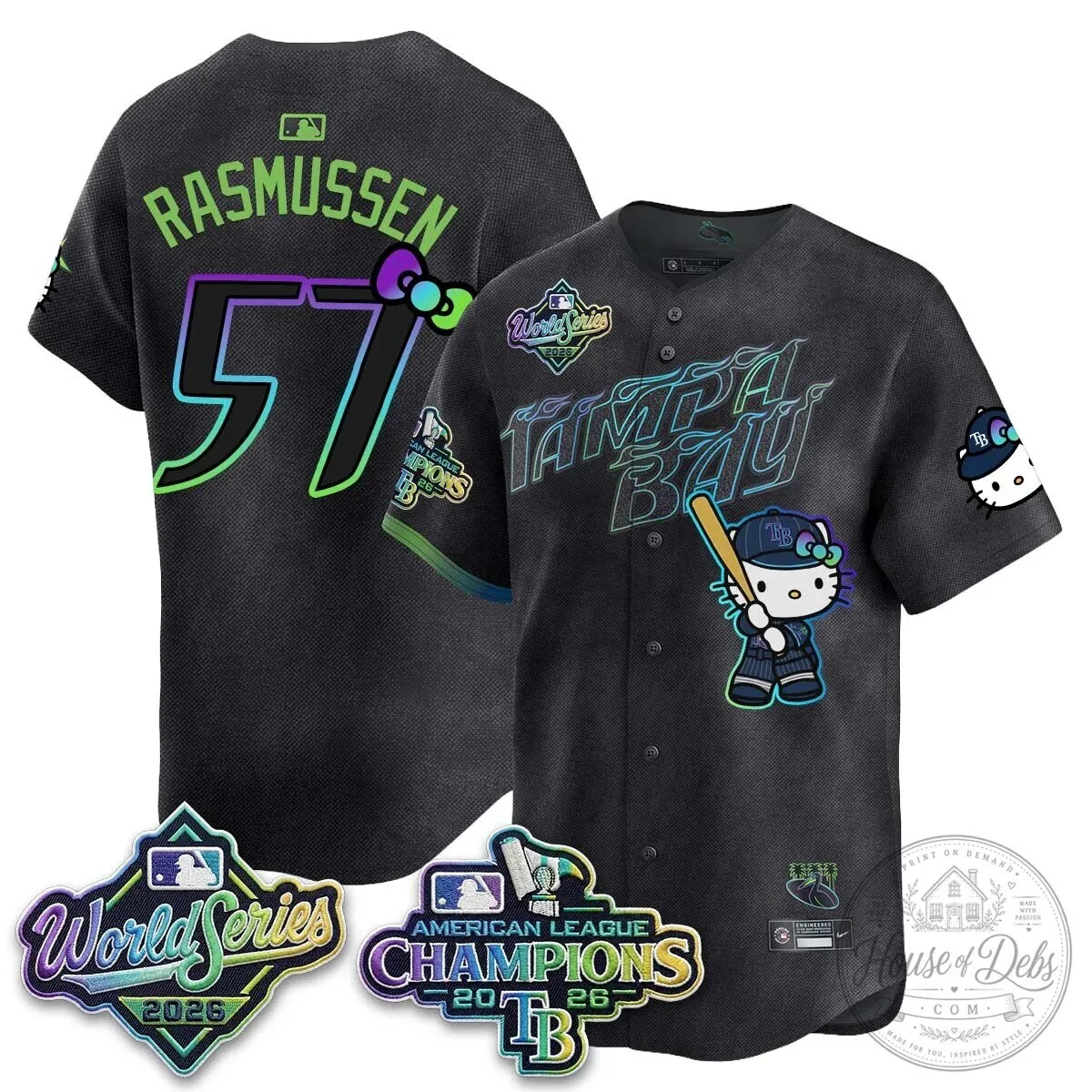 Tampa Bay Rays Hello Kitty American League Champions 2026 Baseball Jersey 133 Tampa Bay Rays Hello Kitty American League Champions 2026 Baseball Jersey
