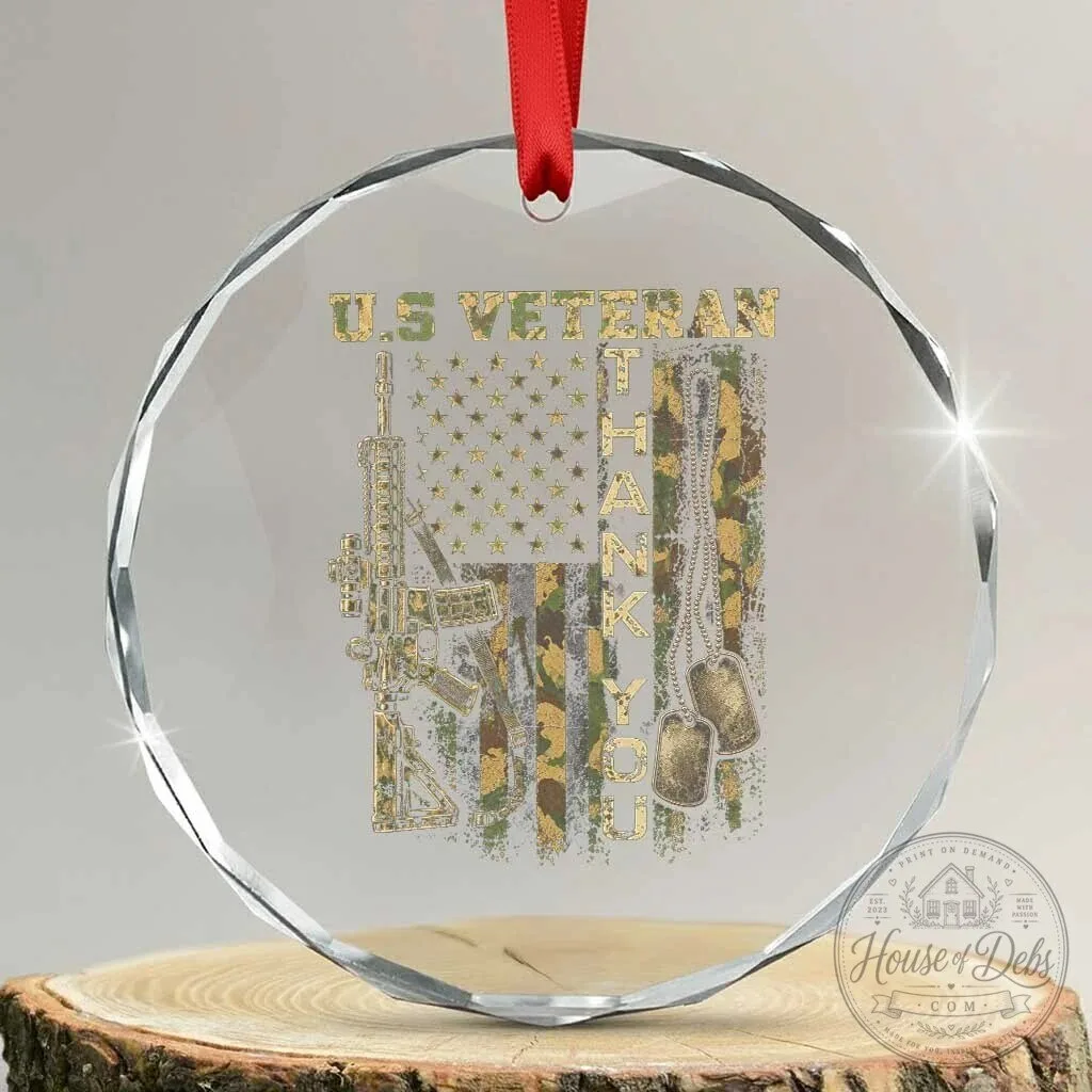 United States Veteran Thank You Camouflage American Flag Crystal Glass Christmas Ornament