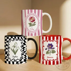 Personalized Birth Flower Striped Coffee Mug - Custom Floral Name Gift for Her