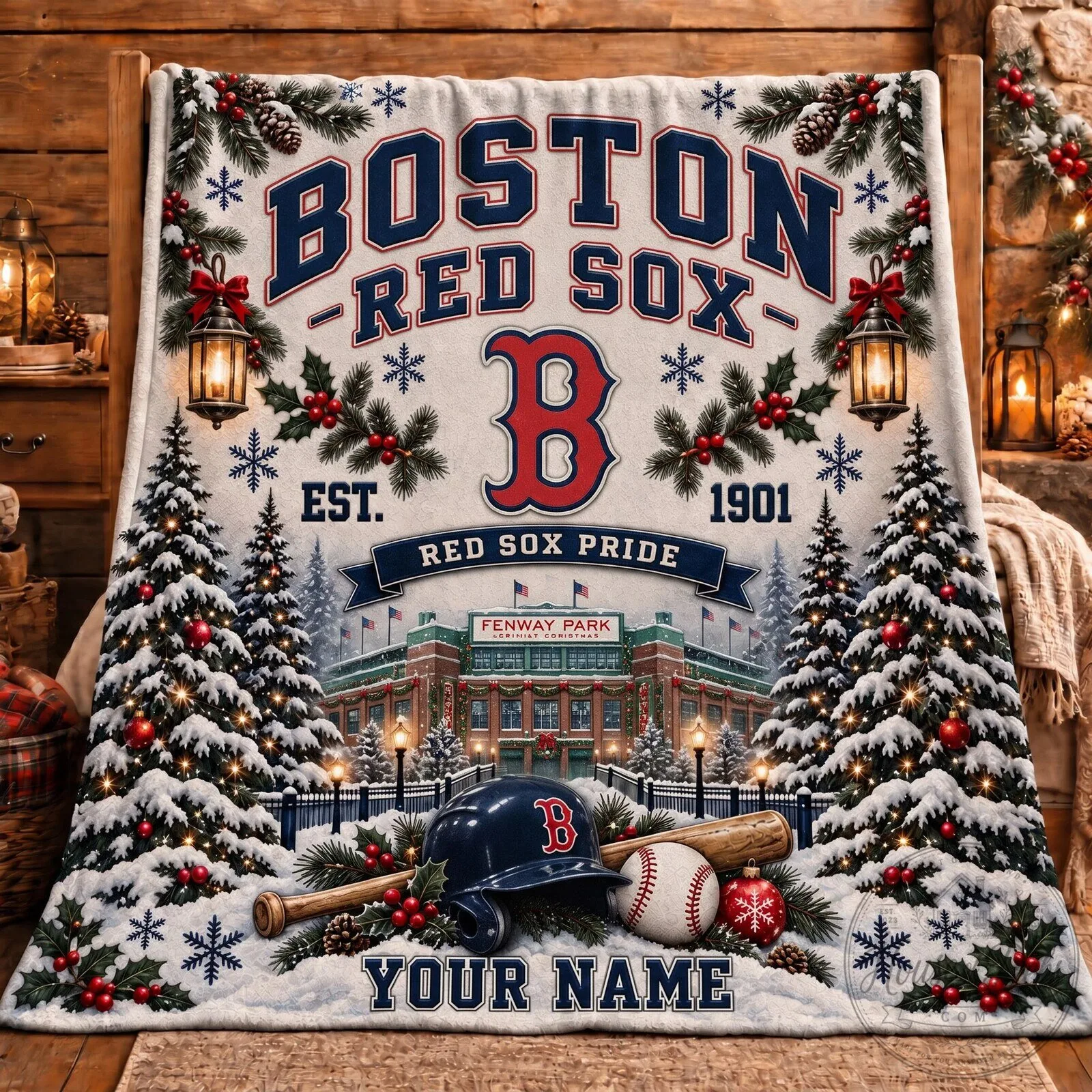 Boston Red Sox Christmas Winter Wonderland Personalized Name Blanket