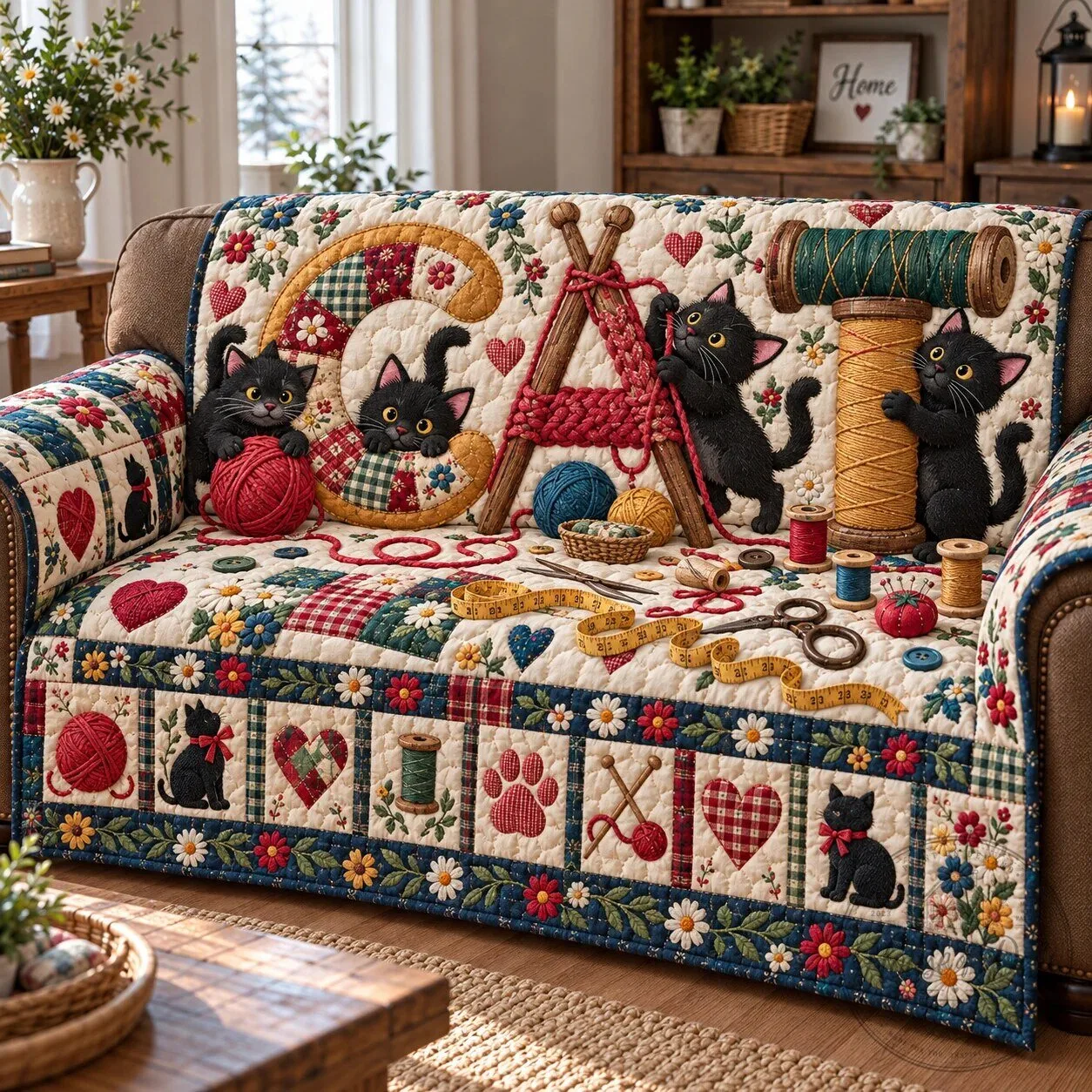 Cute Black Cat Patchwork Quilted Sofa Cover for Living Room Decor