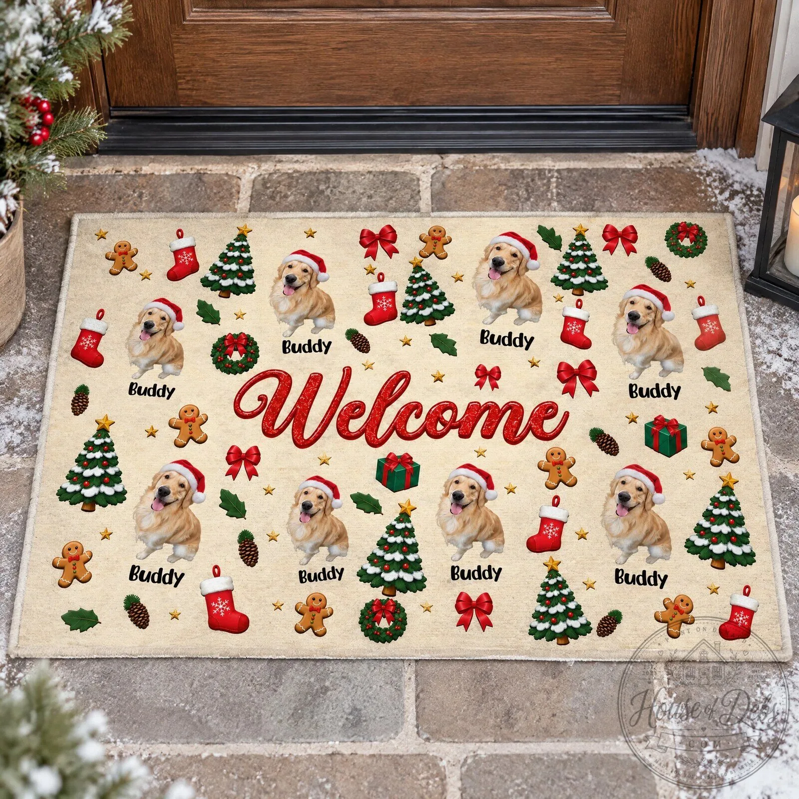 Personalized Golden Retriever Christmas Welcome Doormat, Custom Pet Holiday Decor