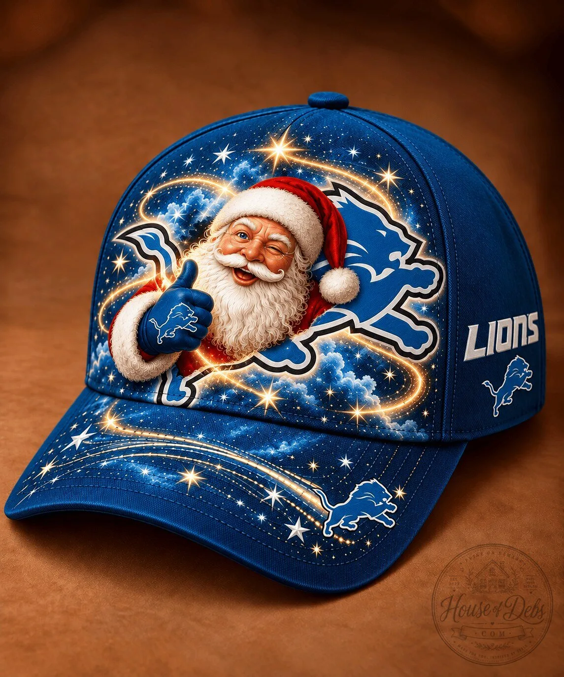 Detroit Lions Santa Claus Christmas Golden Starlight Blue Cap Hat