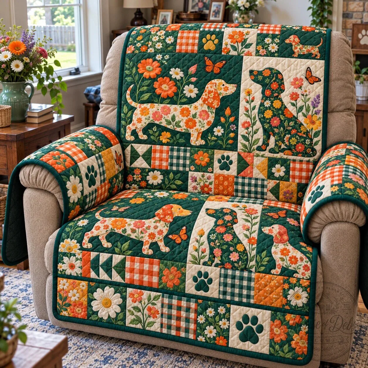 Dachshund Dog Floral Patchwork Quilted Sofa Cover for Living Room Decor