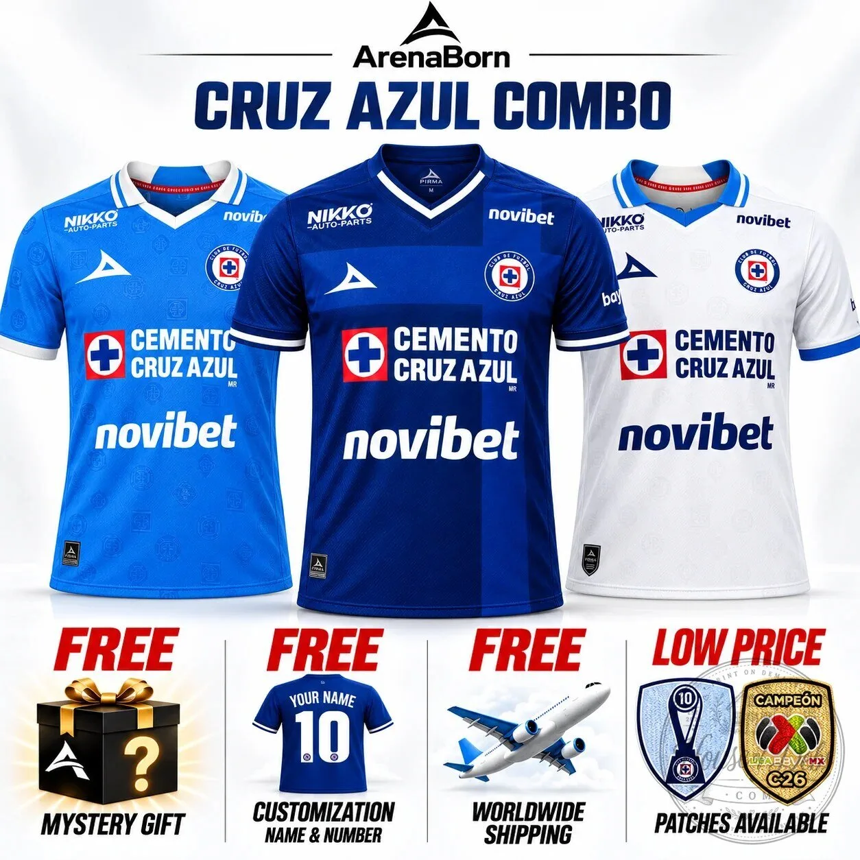 Cruz Azul Home Away Third Soccer Jersey Set with Custom Name and Number