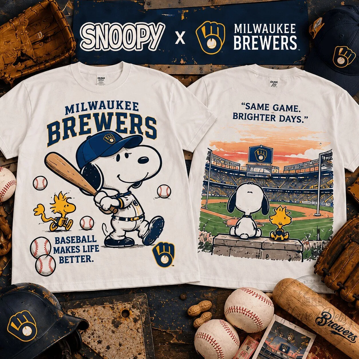 Snoopy Woodstock Milwaukee Brewers Baseball Stadium Vintage Graphic T-Shirt