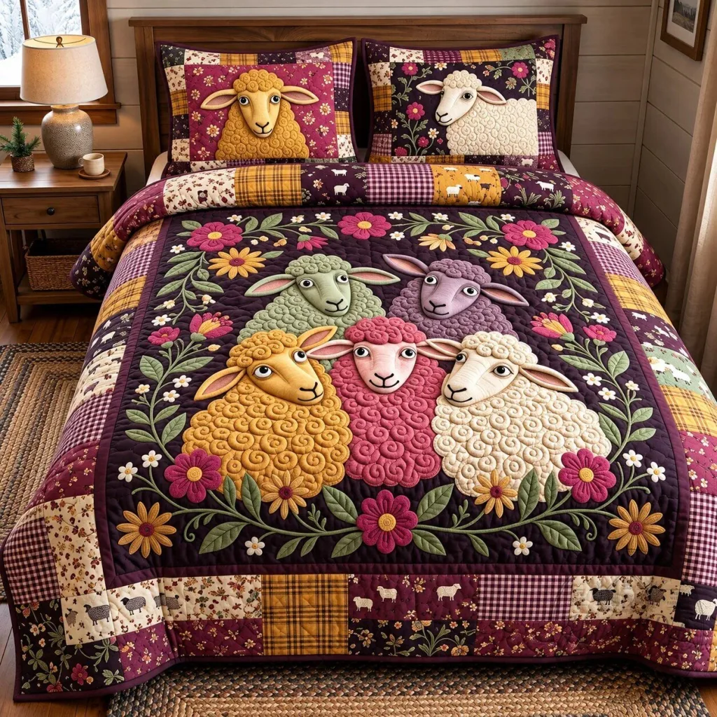 Floral Sheep Farmhouse Quilted Bedding Set with Pillow Shams Floral Sheep Farmhouse Quilted Bedding Set with Pillow Shams
